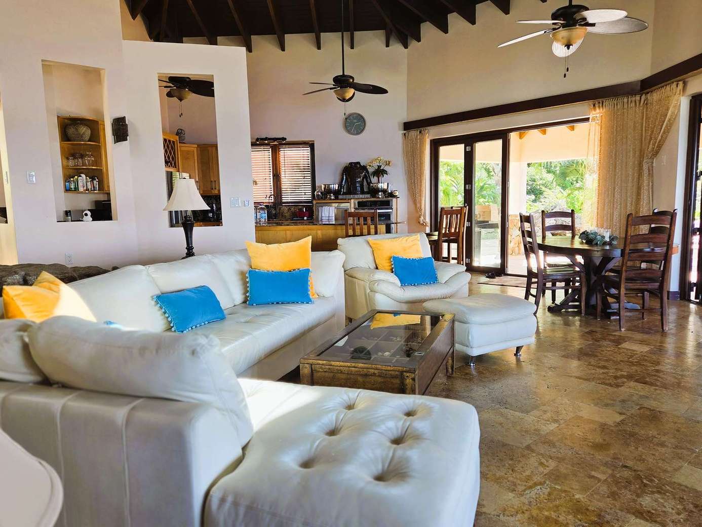 Spacious living room with vibrant accents and open layout