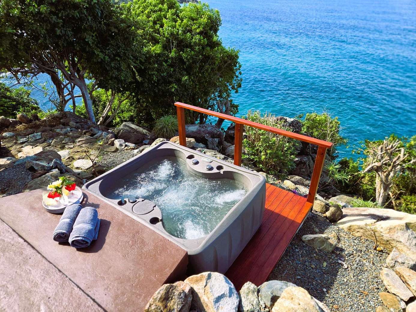 Secluded outdoor hot tub with stunning ocean views