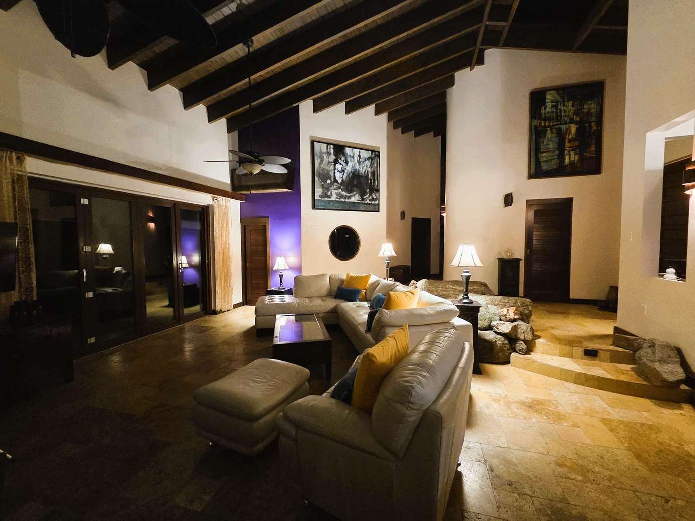 Spacious living room with vaulted ceilings and cozy seating