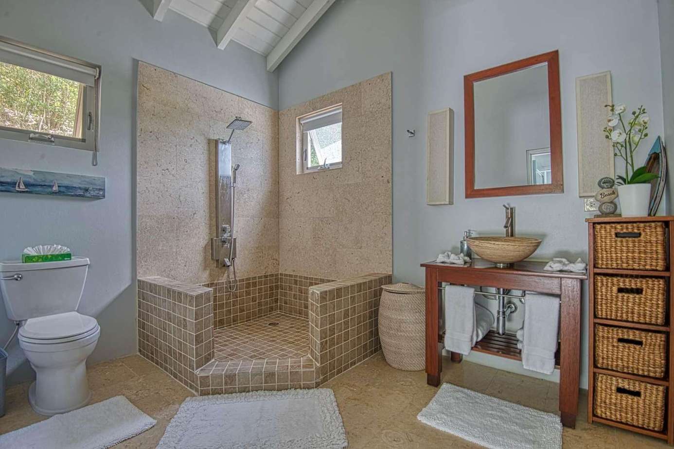 Spacious bathroom with luxurious walk-in stone shower and natural light