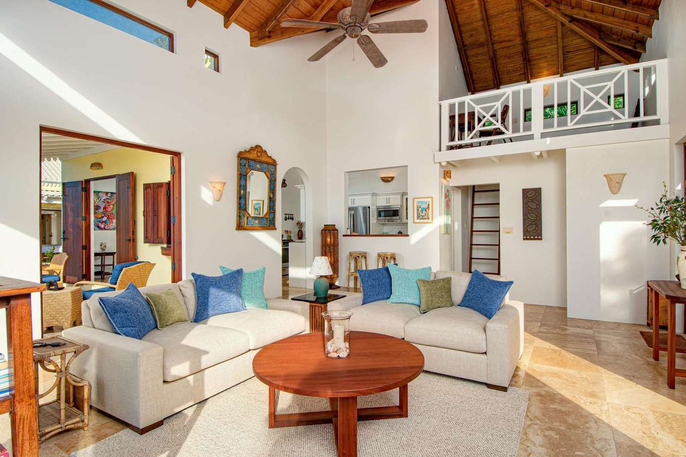 Spacious living room with vaulted ceilings and cozy seating