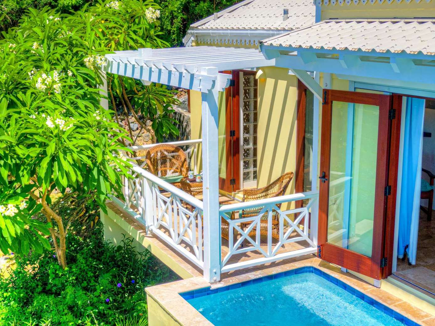 Secluded private patio with refreshing plunge pool and lush greenery