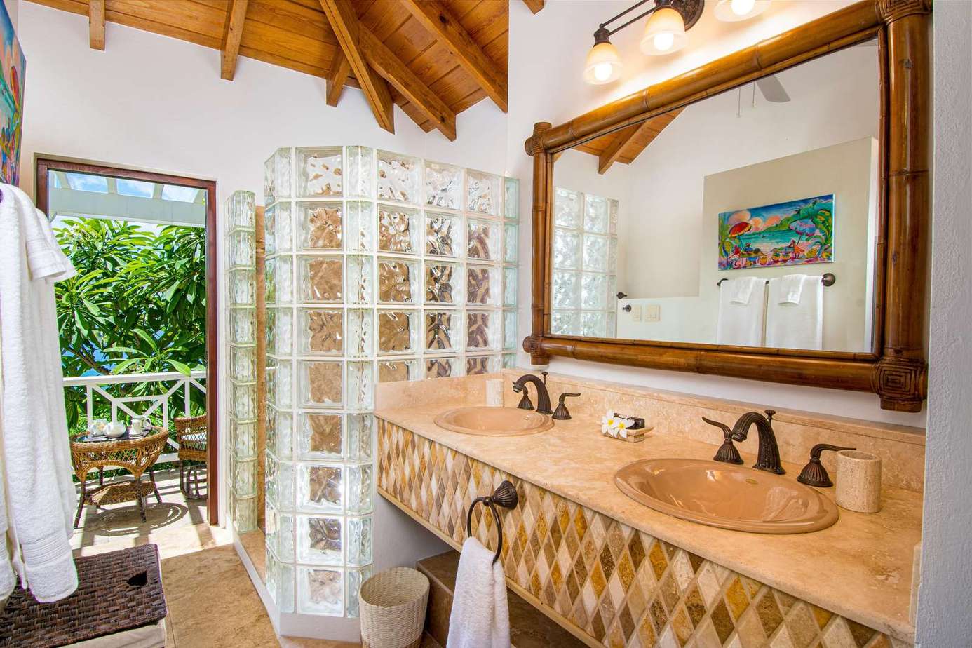 Sunlit bathroom with rustic charm and private patio access