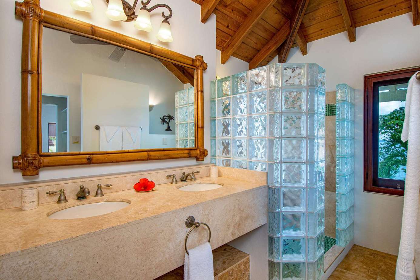 Bright bathroom with glass block shower and vaulted ceiling