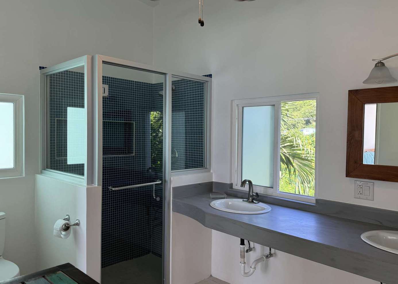 Bright bathroom with sleek glass shower and natural light