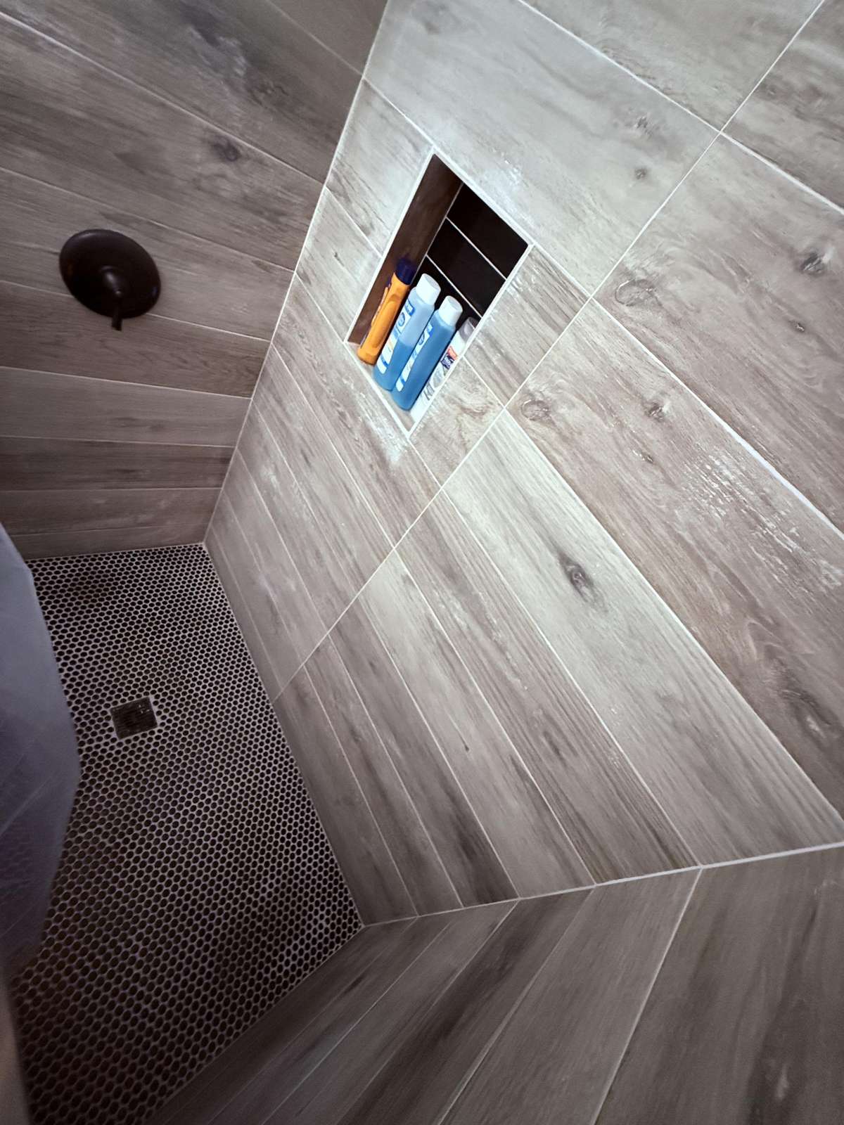 Modern shower with sleek wood-look tile and recessed niche