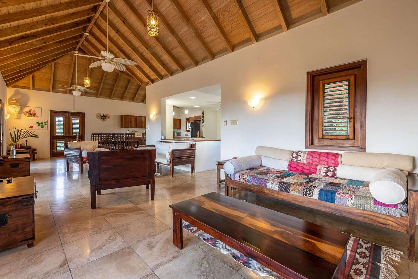 Spacious living room with vaulted ceilings and cozy seating