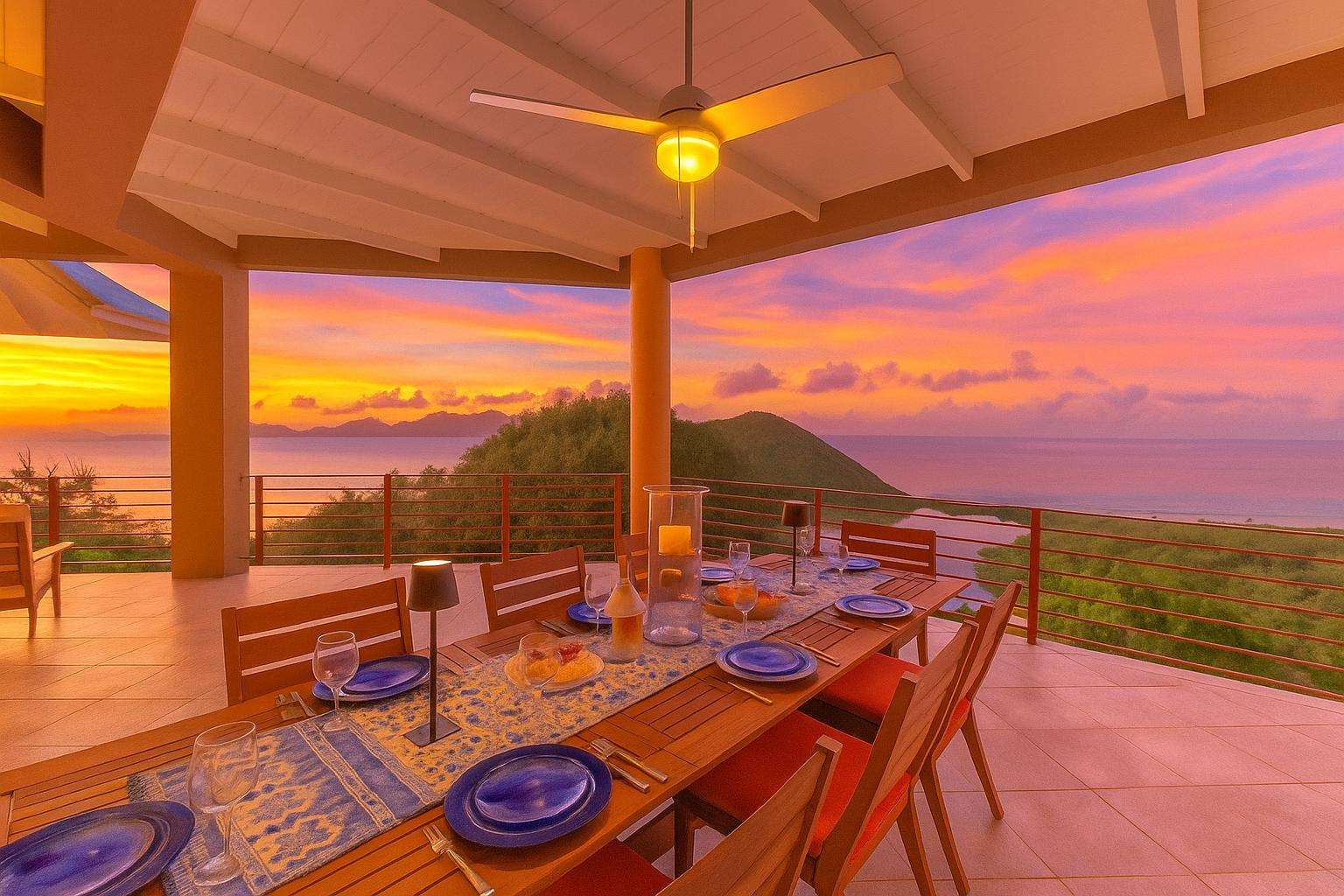 Sunset dining with panoramic ocean and mountain views on the patio - property