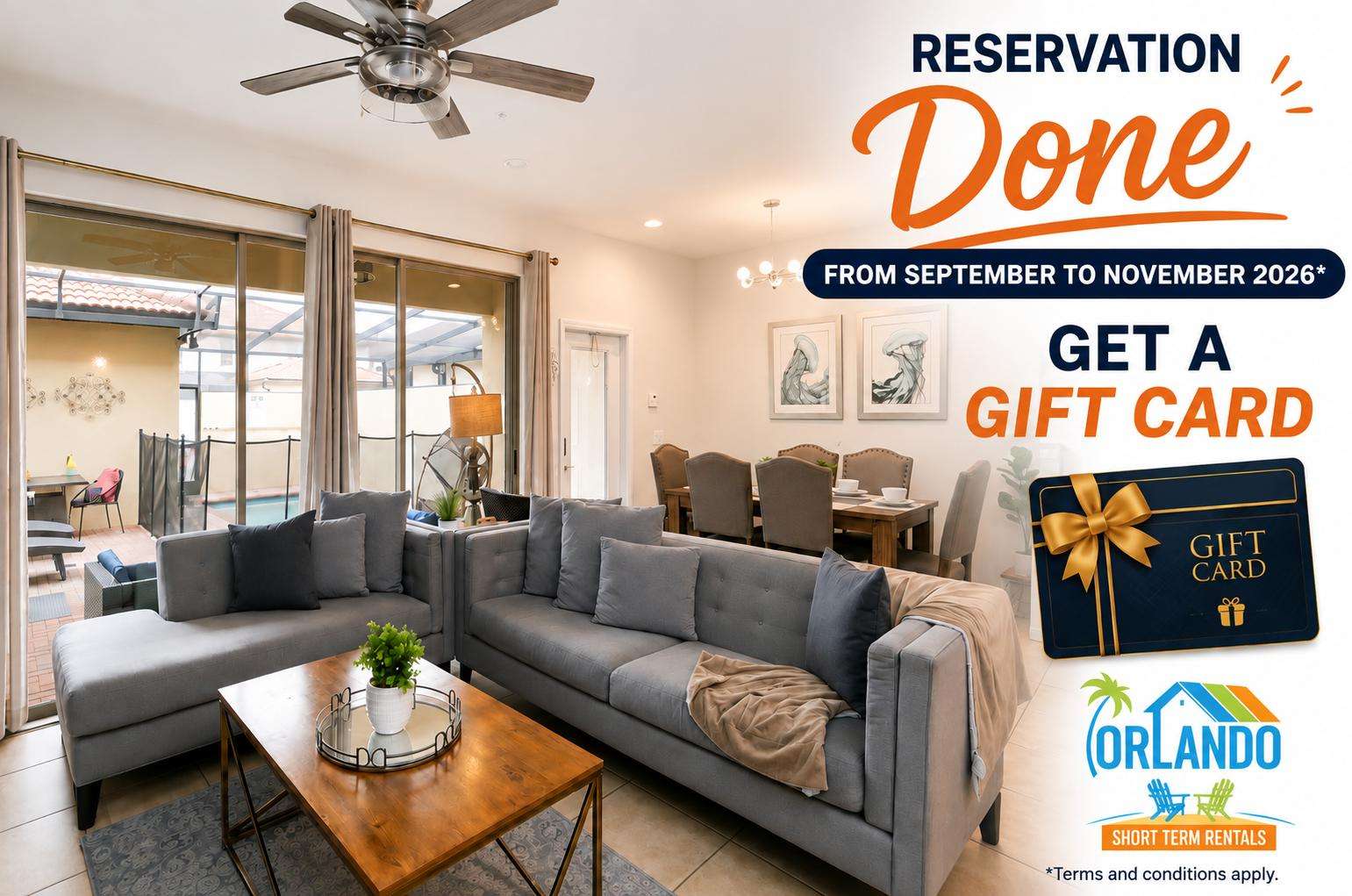 Gray sectional sofa faces a wooden coffee table, with sliding glass doors opening to the outdoor patio. - property