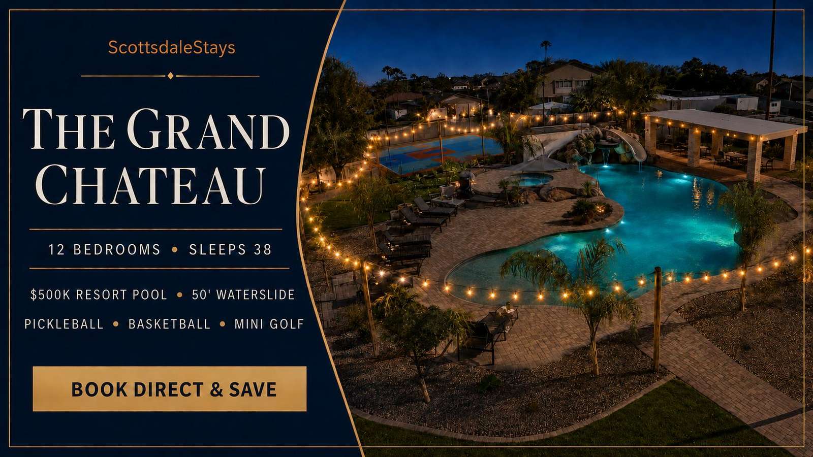 Nighttime view of the resort-style pool with curved stone deck, illuminated waterslide, hot tub, and string lights overhead. - property