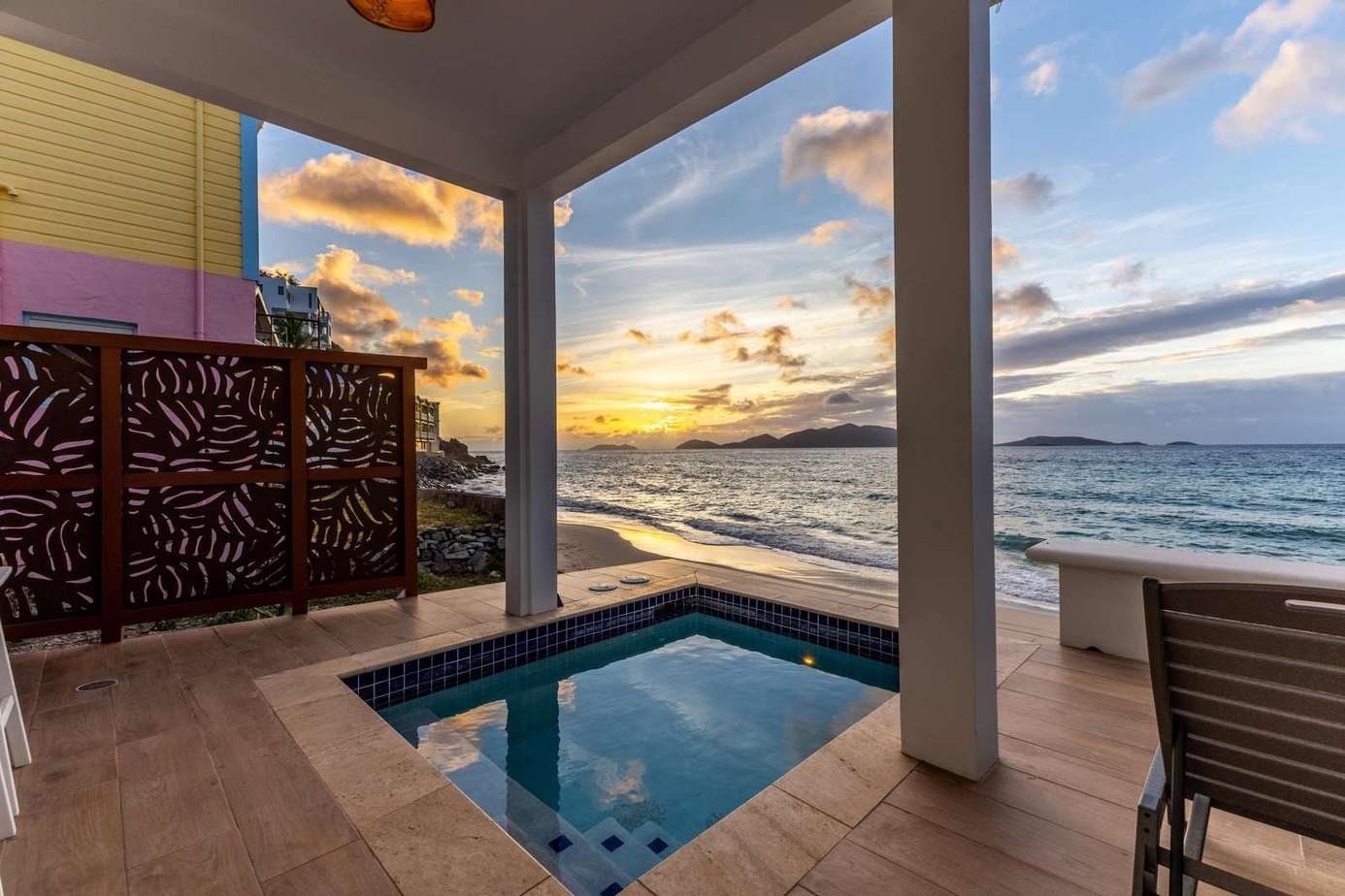Oceanfront patio with private plunge pool and sunset views