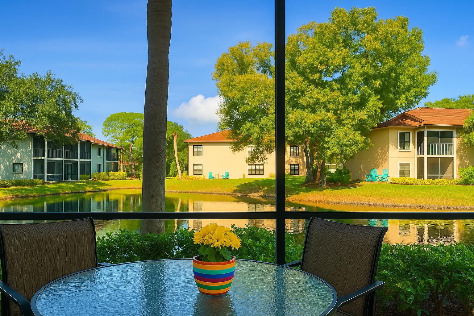 Serene screened patio overlooking tranquil pond and lush greenery