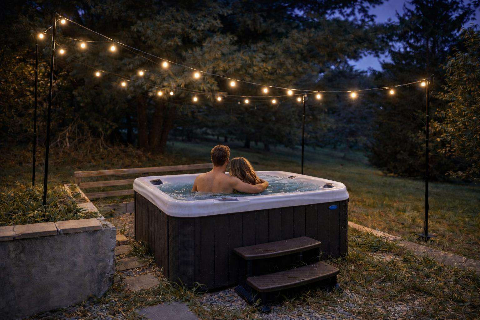 Cozy outdoor hot tub retreat under twinkling lights - property