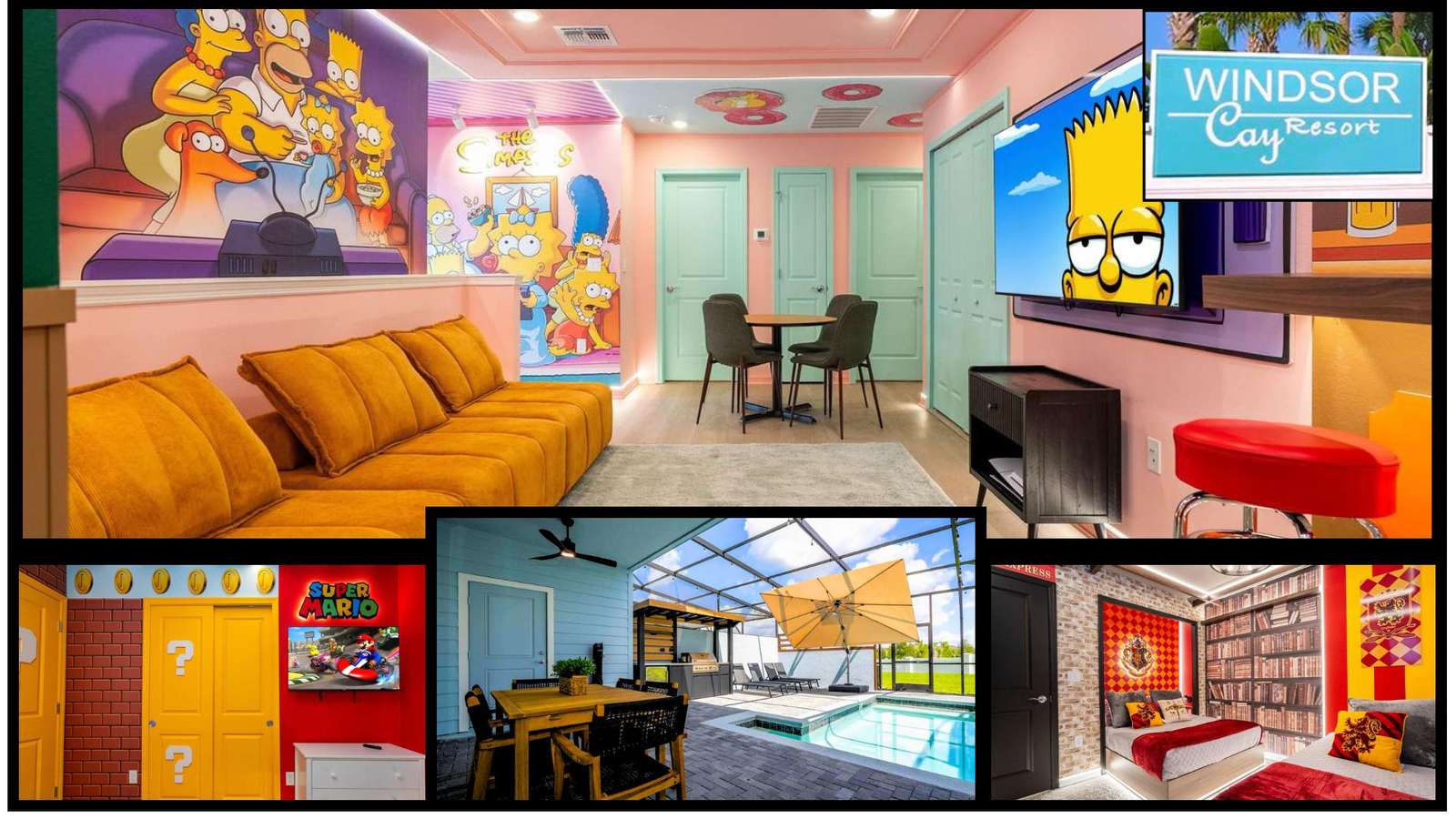 Entertainment room features a mustard yellow velvet sofa, pastel pink walls, and Simpsons mural with mint green doors. - property