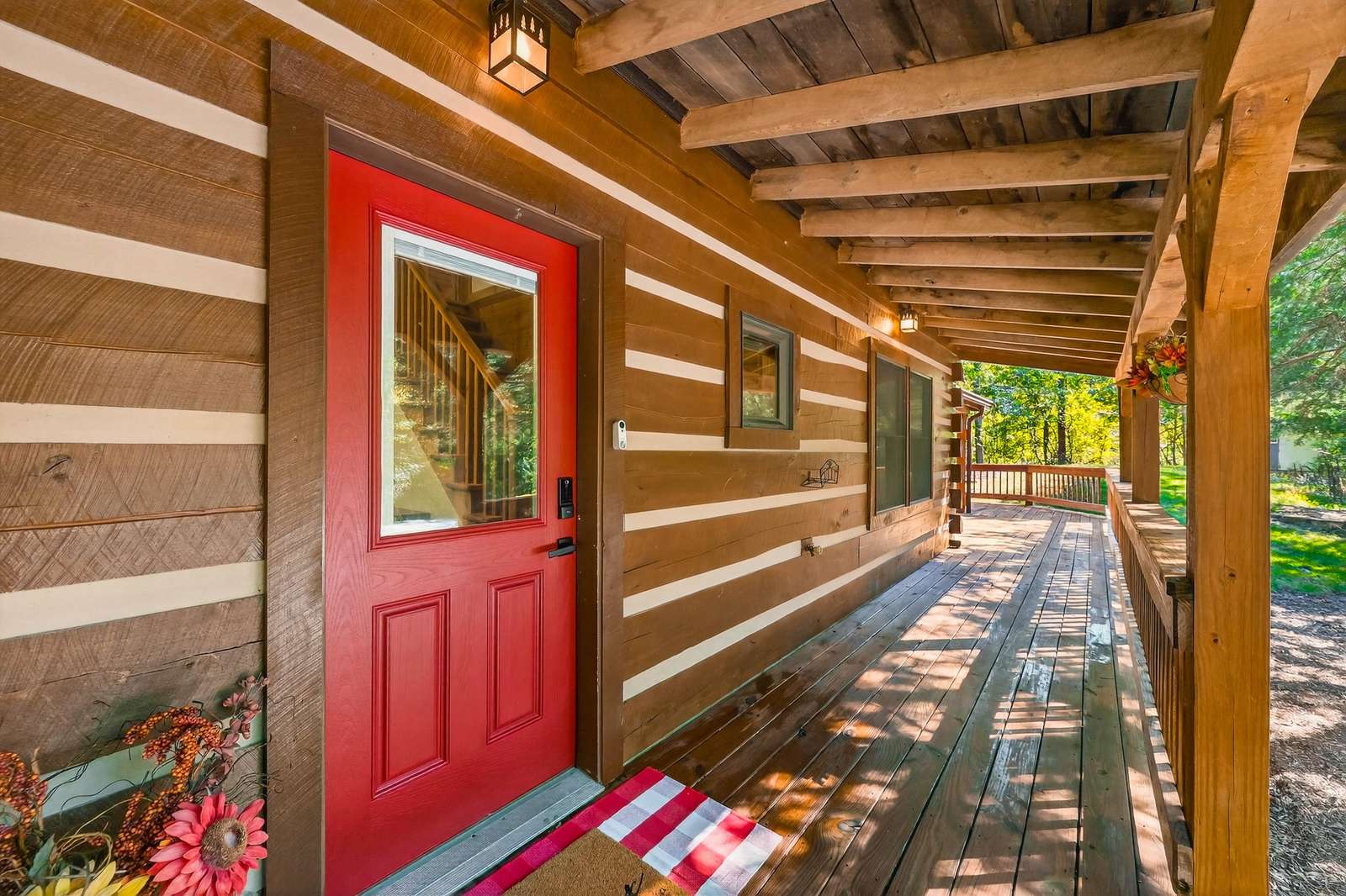 Charming covered porch with rustic log cabin charm