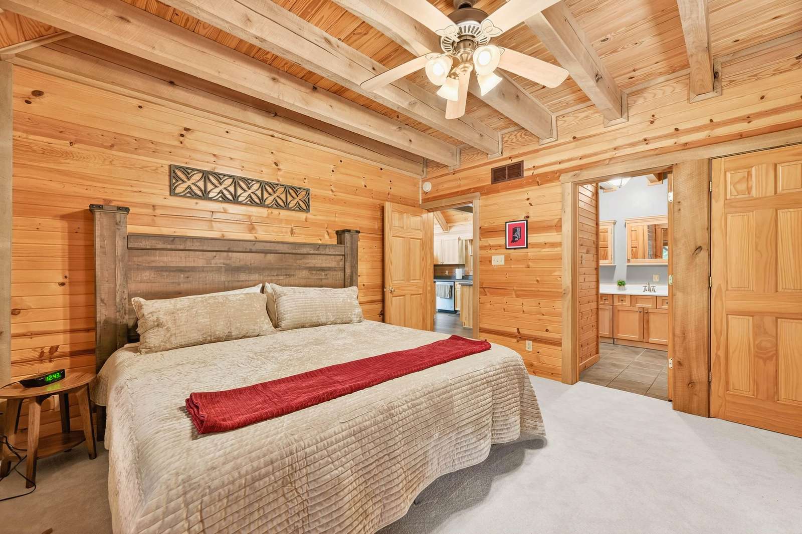 Cozy rustic bedroom retreat with warm wood accents