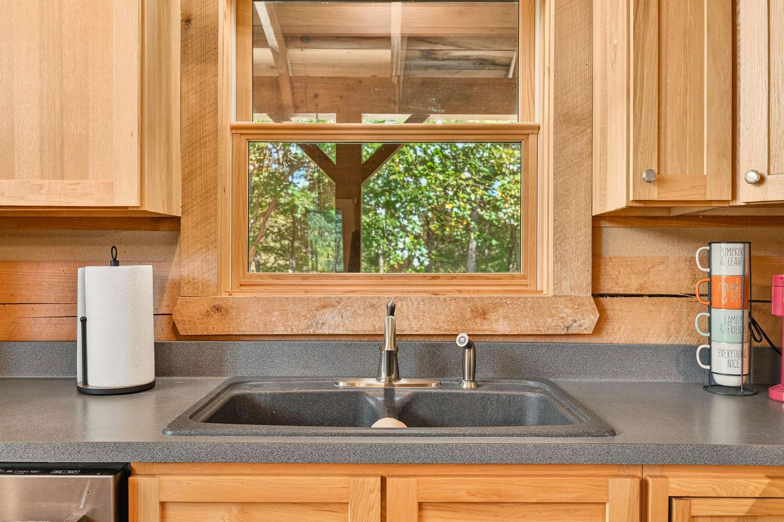 Cozy kitchen sink area with serene forest views
