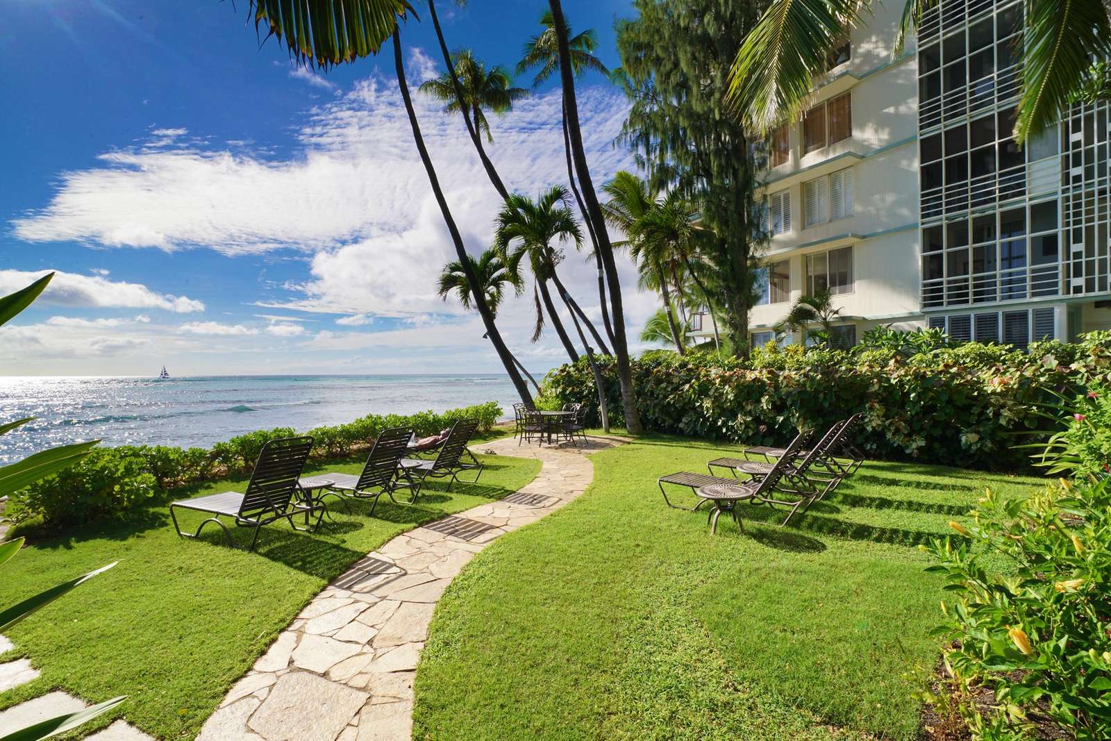 Oceanfront garden path with lush tropical landscaping and palm trees