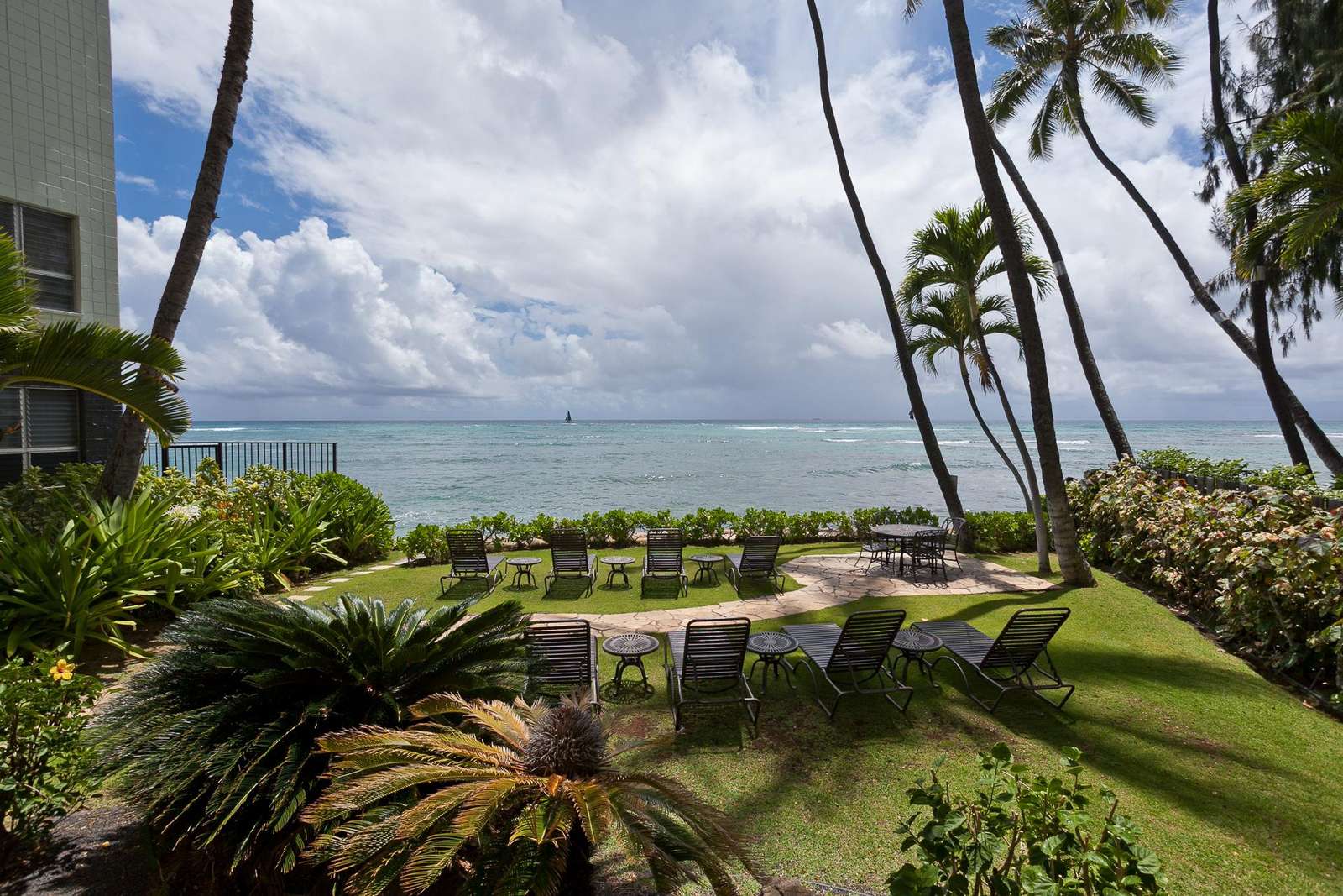 Oceanfront garden retreat with panoramic sea views and palm trees