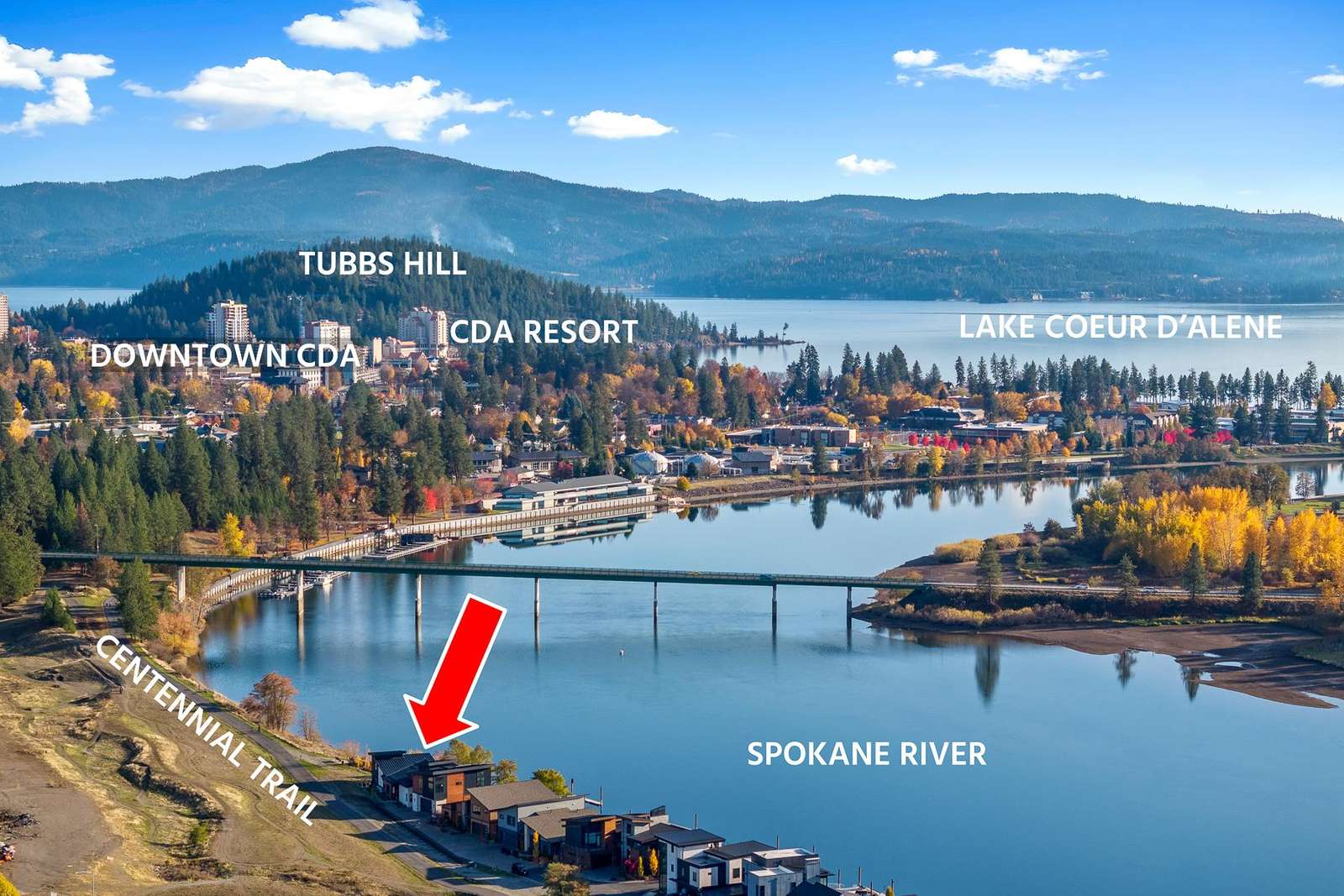 Scenic riverfront view with vibrant city skyline and mountains