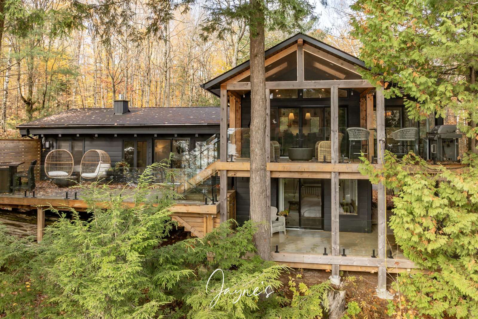 Secluded multi-level cabin surrounded by lush forest views