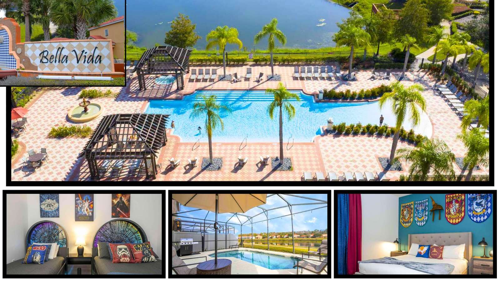 Private screened pool area with umbrella-shaded seating, BBQ grill, and lake views beyond the fence. - property