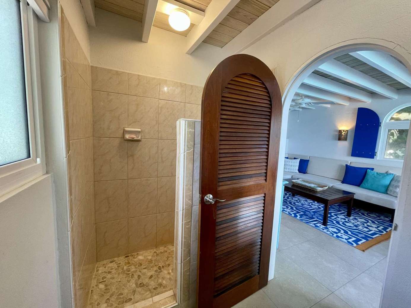 Charming bathroom with rustic wooden door and natural light