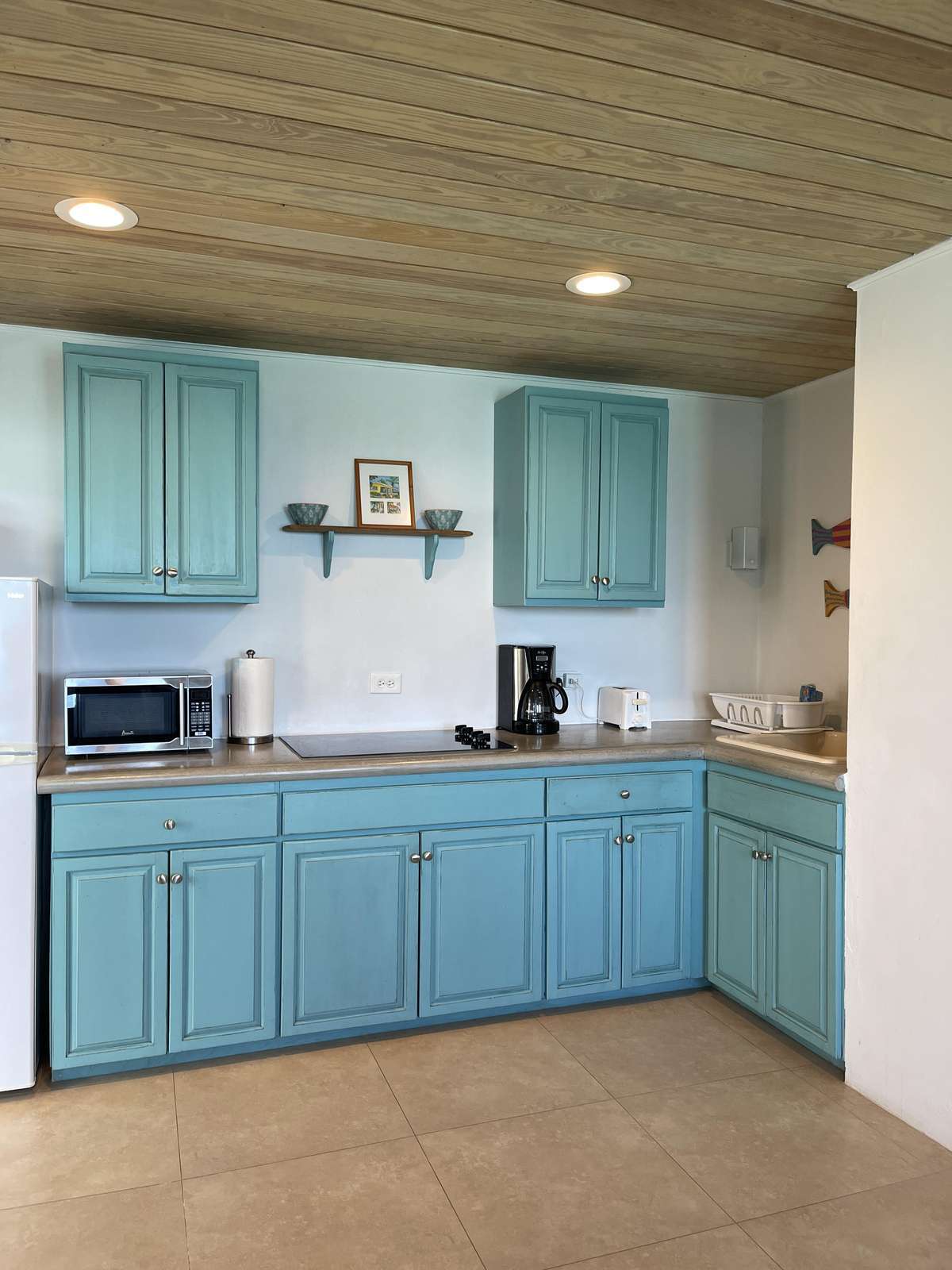 Bright, airy kitchen with charming pastel cabinetry and modern appliances