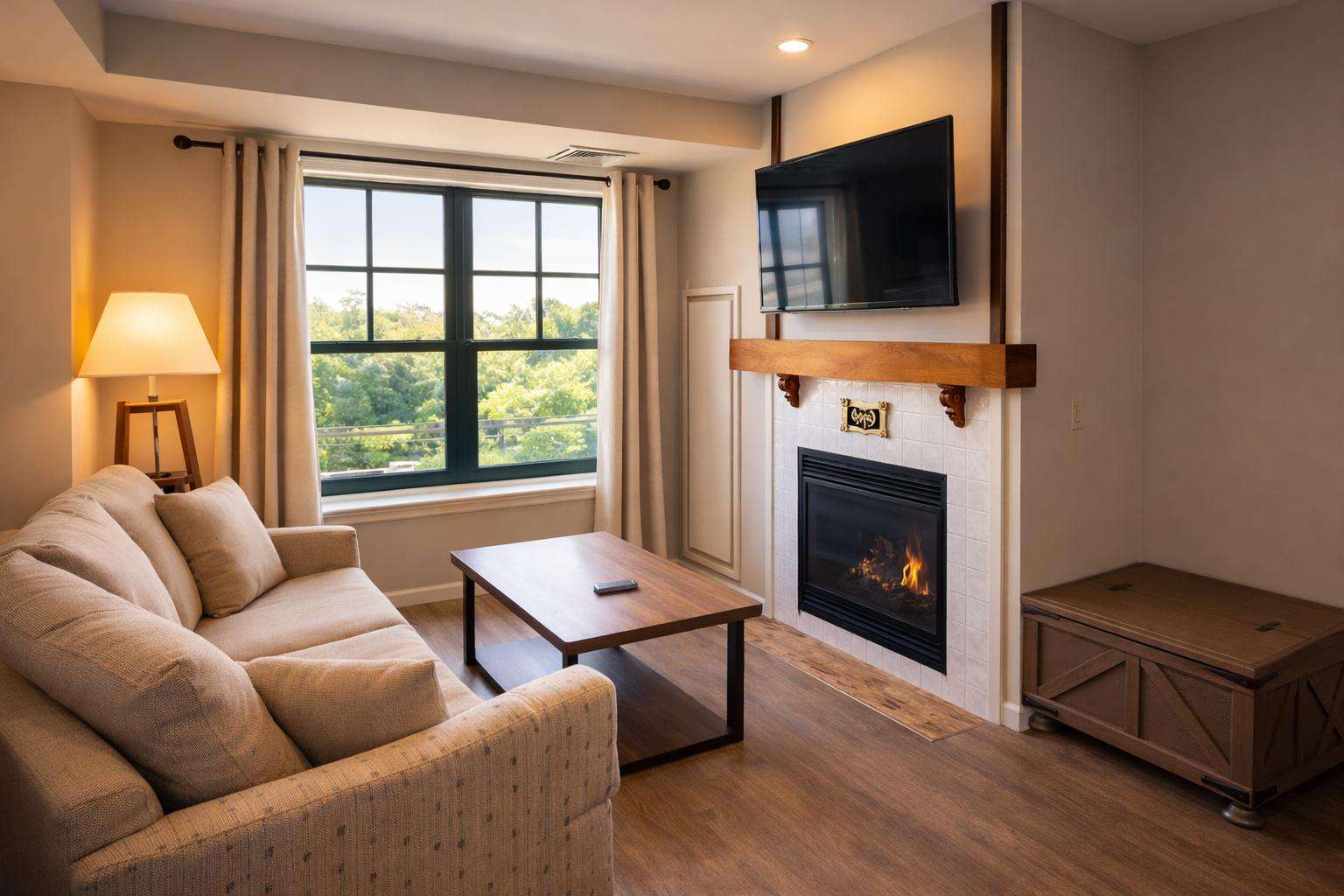 Cozy living room with a gas fireplace, sofa bed, and scenic window views - property