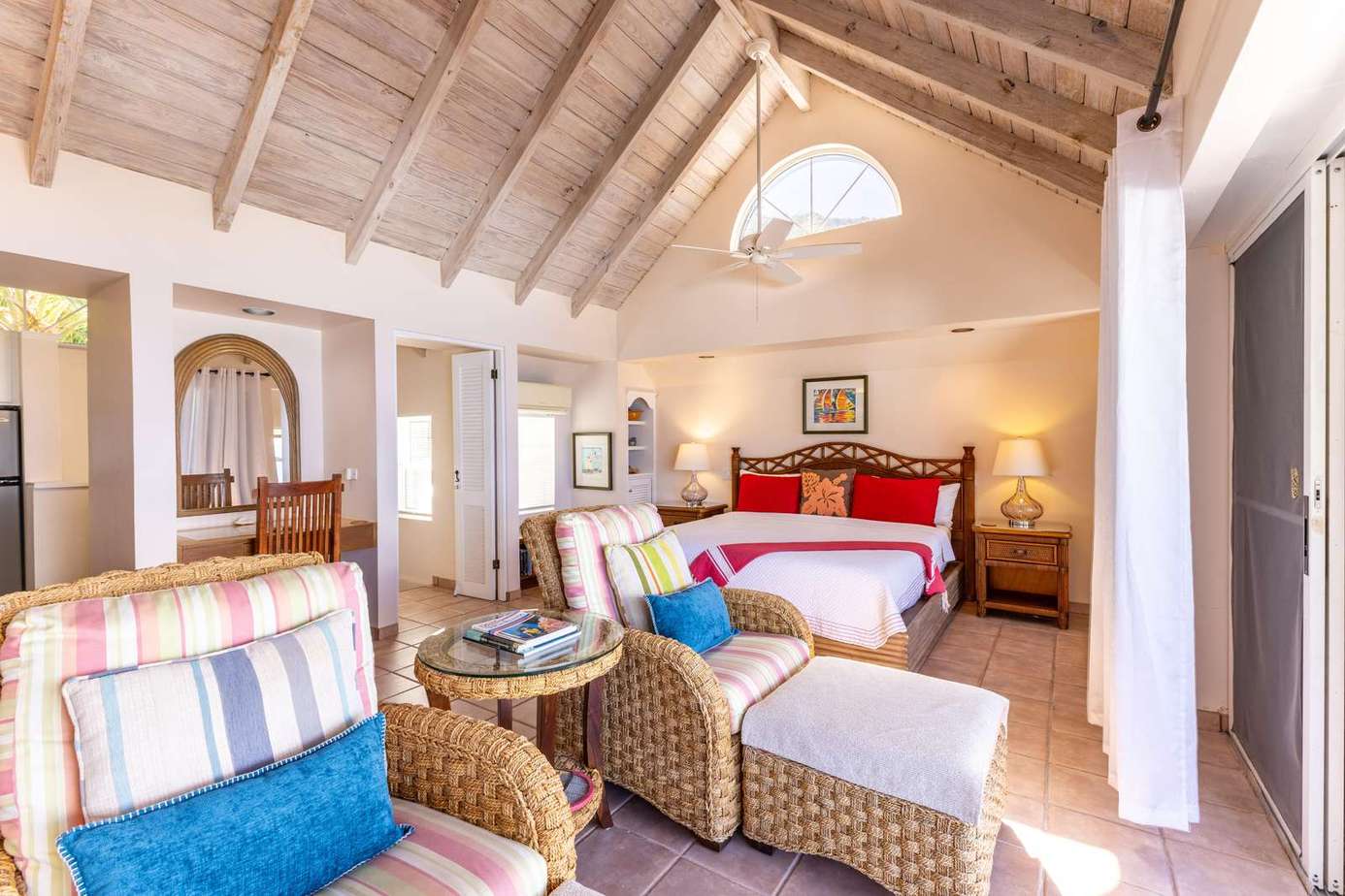 Spacious living room with vaulted ceilings and cozy seating
