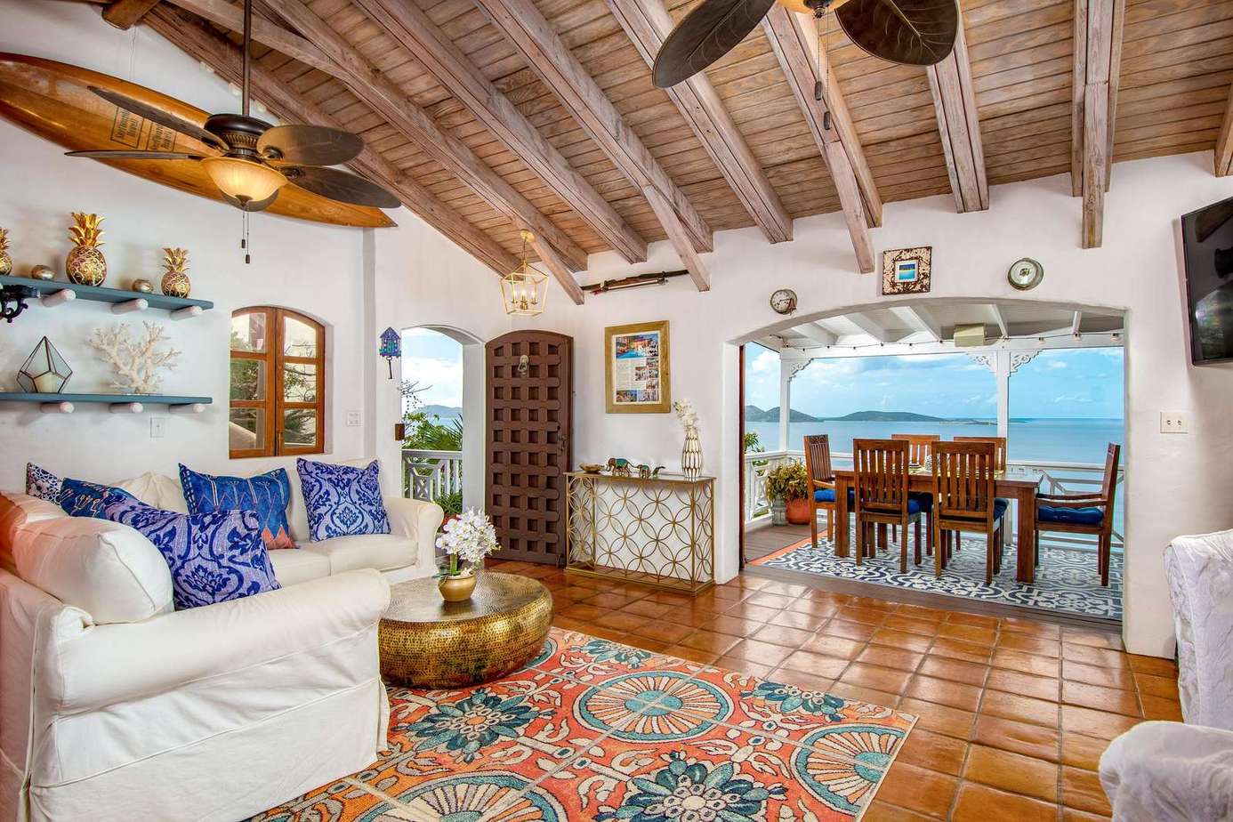 Cozy living room with rustic charm and ocean views