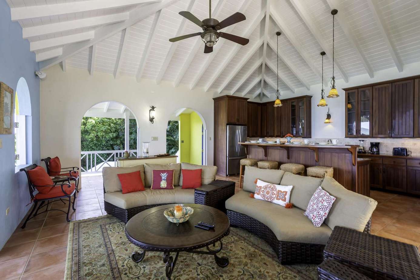 Spacious living room with vaulted ceilings and cozy seating