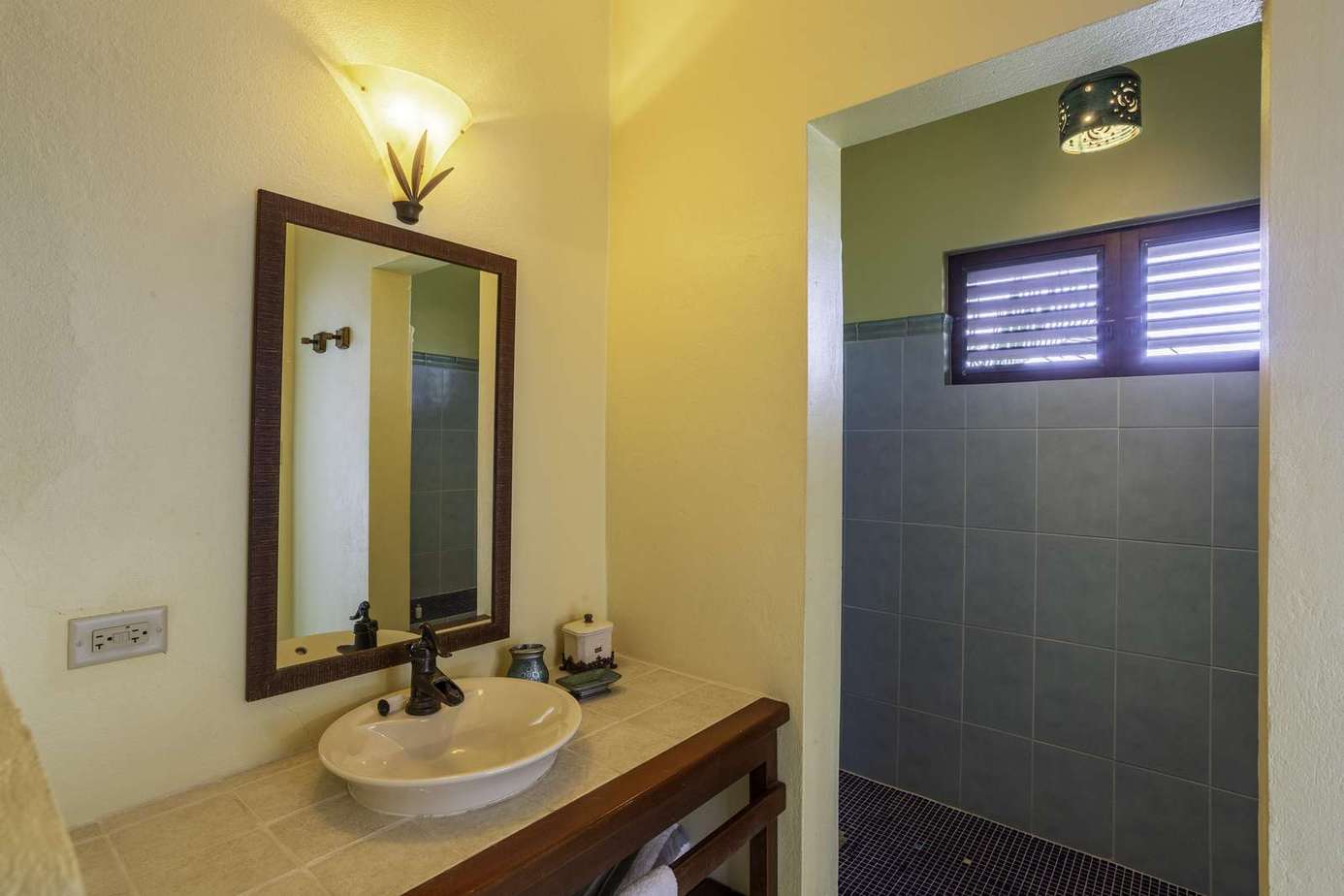 Bright bathroom with modern sink and spacious walk-in shower
