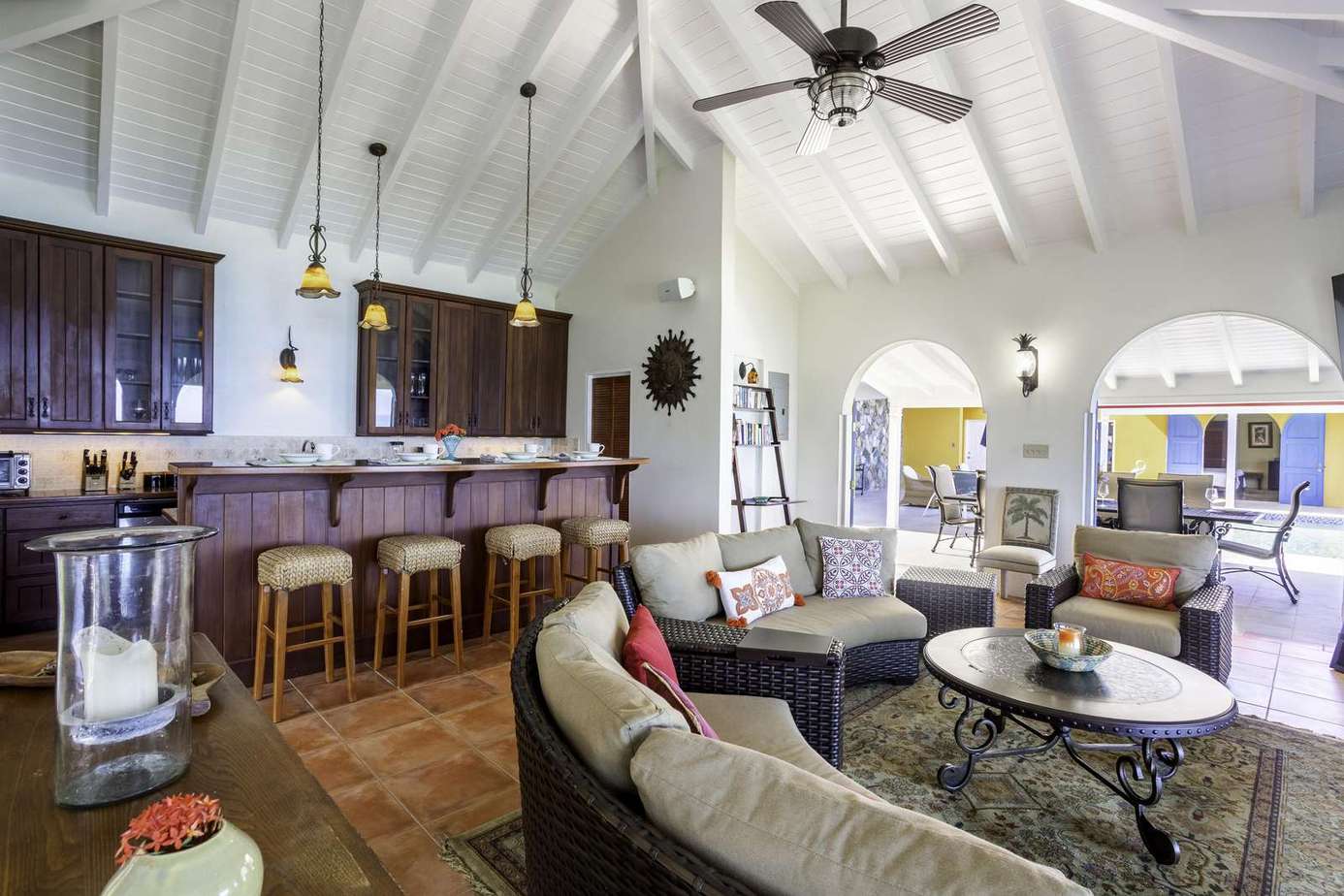 Spacious living room with vaulted ceilings and cozy seating