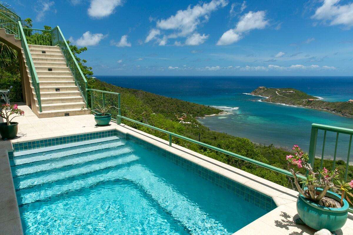 Tile-lined pool with built-in steps beside concrete stairs and green railings overlooking Fish Bay. - property