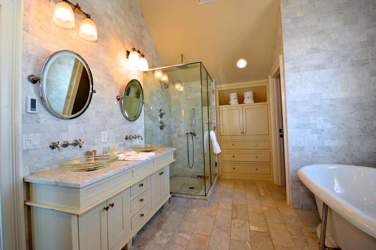 3rd Floor Master Bathroom: Elegant Bathroom with Glass Enclosed Shower, Deep Soaking Tub, Dual Sink Vanity