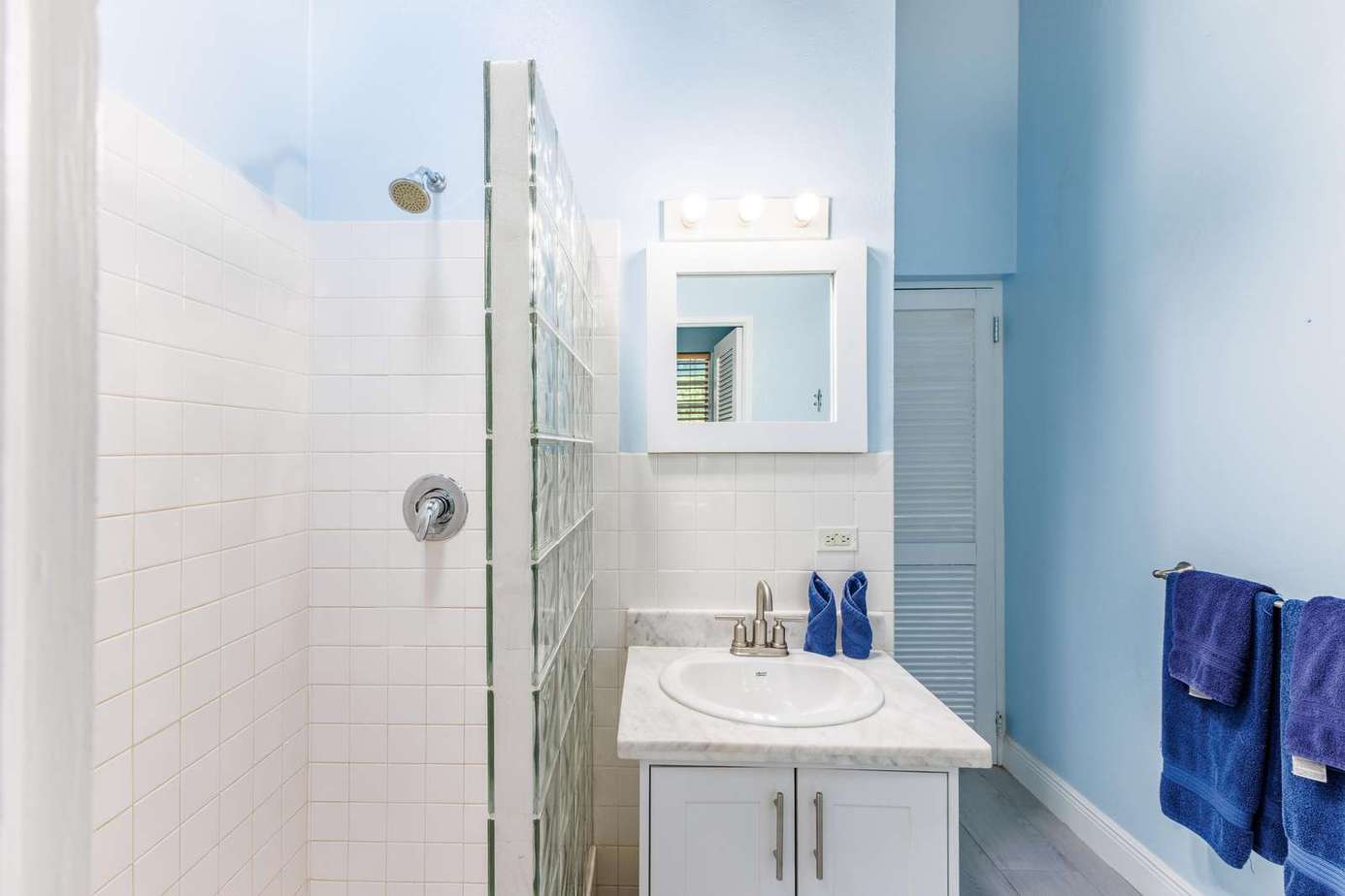 Bright, airy bathroom with modern glass shower and crisp blue accents
