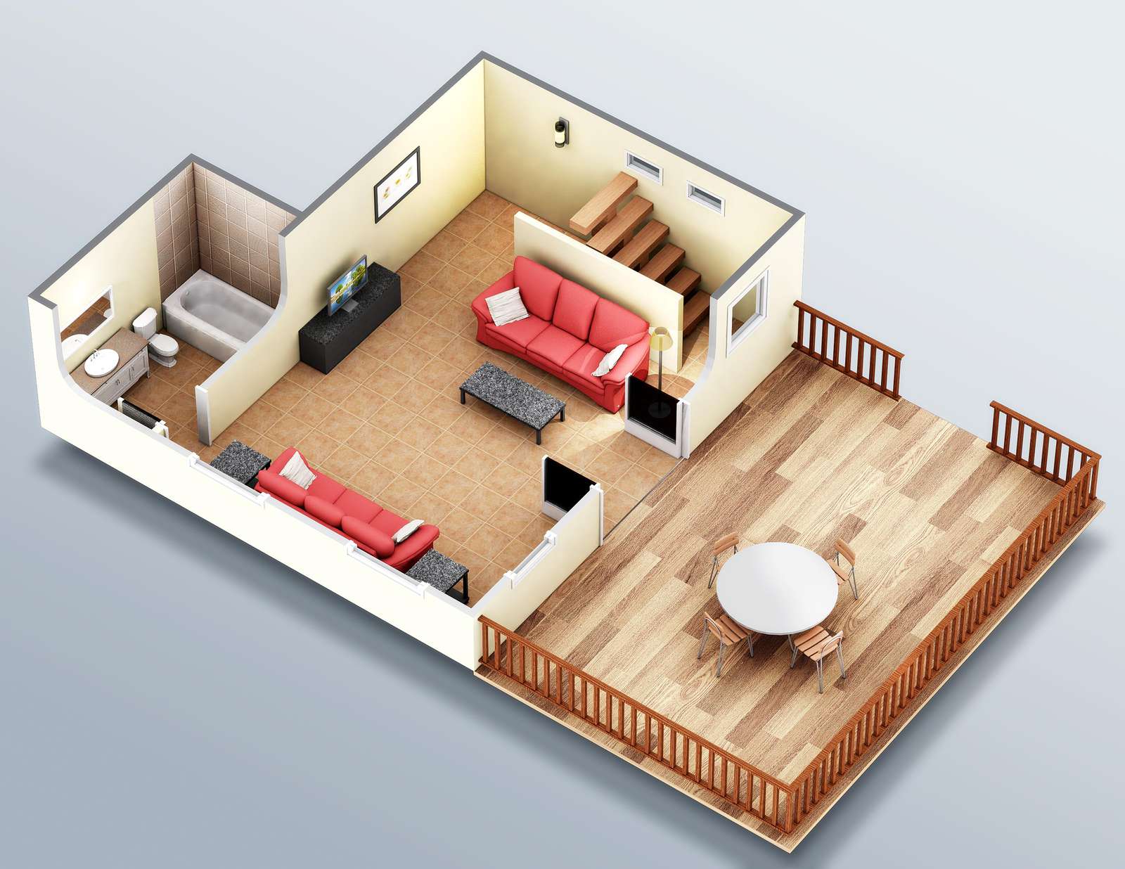 This is the lower water side rendering. The living area sets above it and both areas have sizable decks.