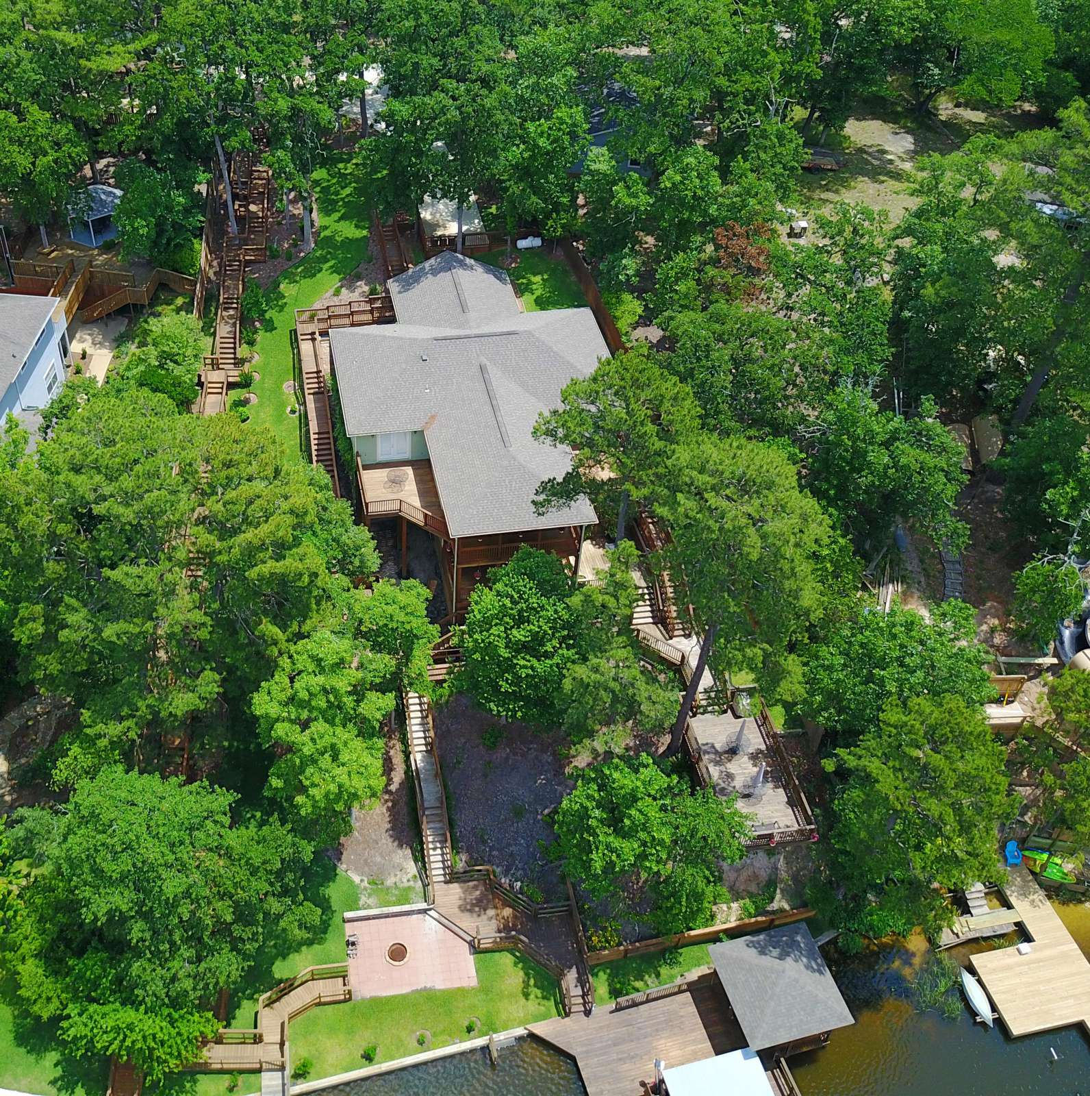 A drone shot of Pat's Place showing the layout of decking,