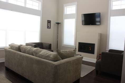 Comfortable living room with fireplace, TV and fold out couch