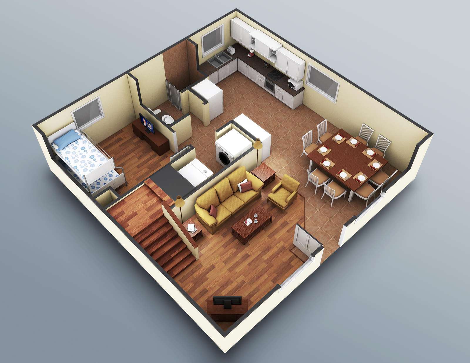 The lower level rendering. Accurate down to the furniture placement.