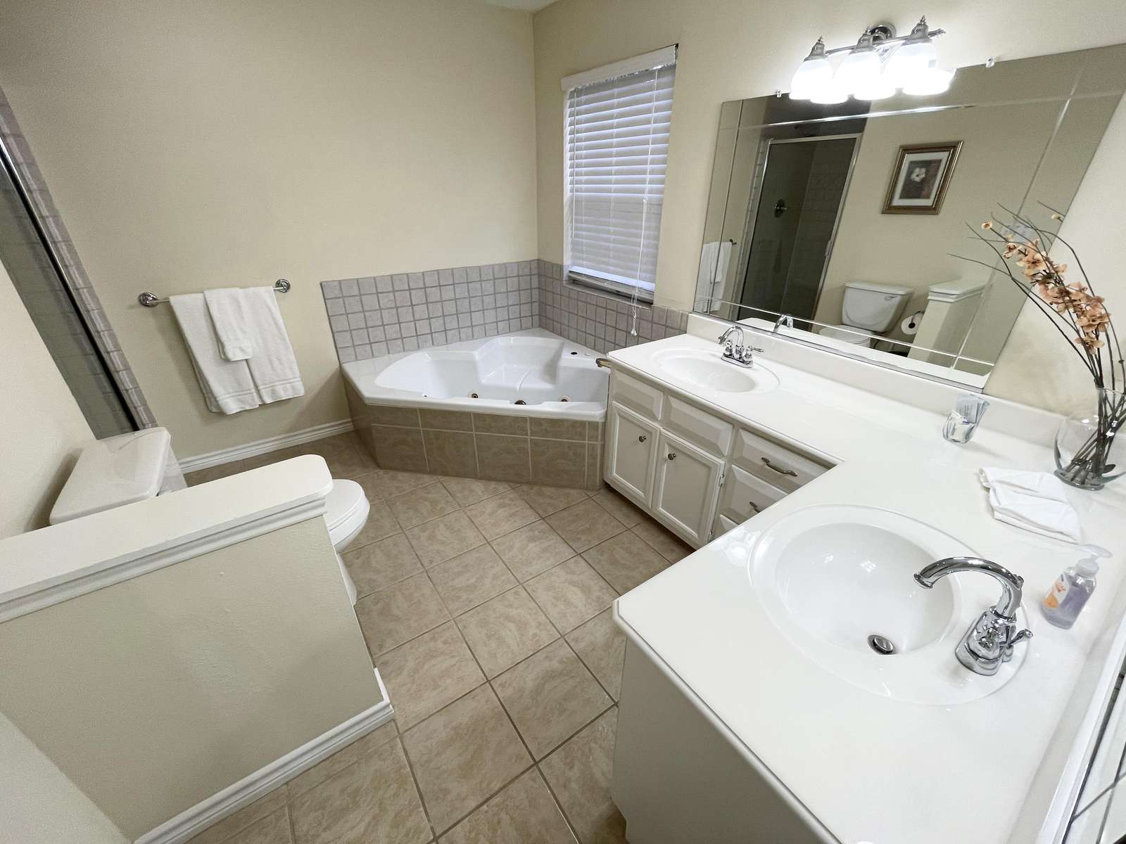 The Master bathroom with separate shower and whirlpool tub.