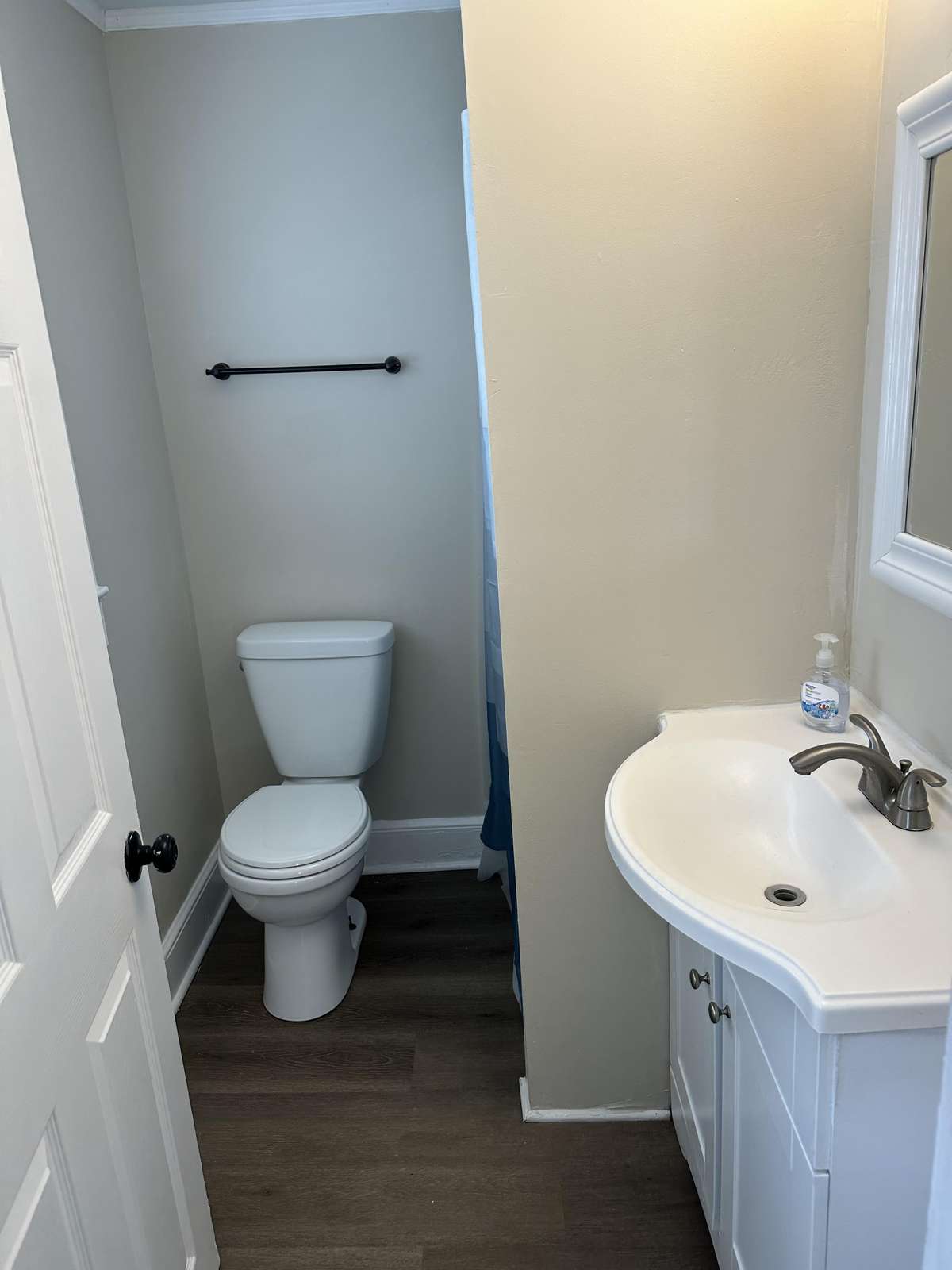 Small bathroom with white toilet, curved white sink vanity, brushed nickel faucet, and wood-look vinyl flooring.