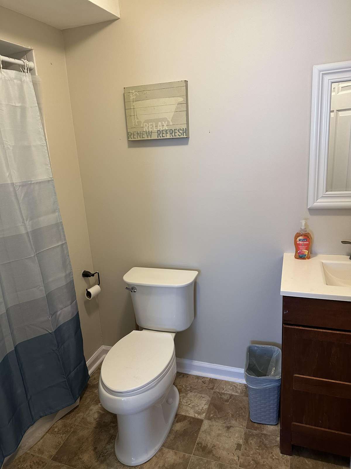 Bathroom features white toilet, dark wood vanity with white countertop, and a blue-gray shower curtain.