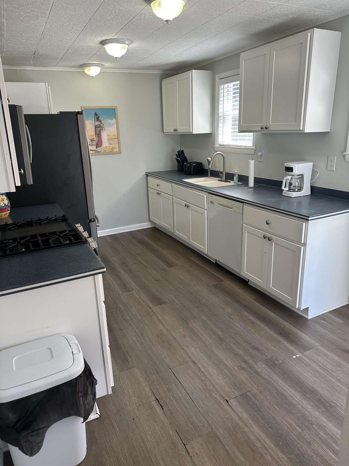 Galley kitchen with white cabinetry, dark countertops, stainless steel appliances, and wood-look vinyl flooring.