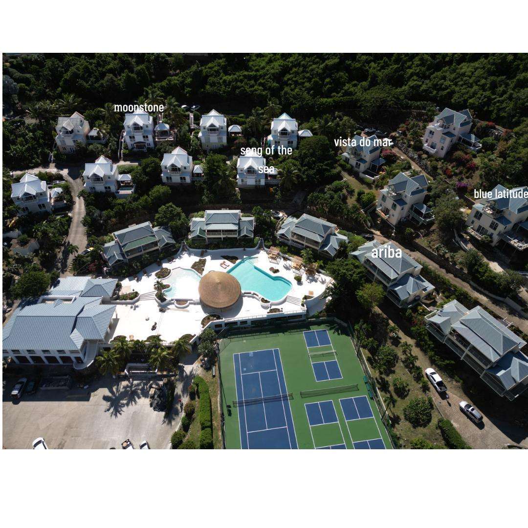Resort-style pool and tennis courts surrounded by lush greenery