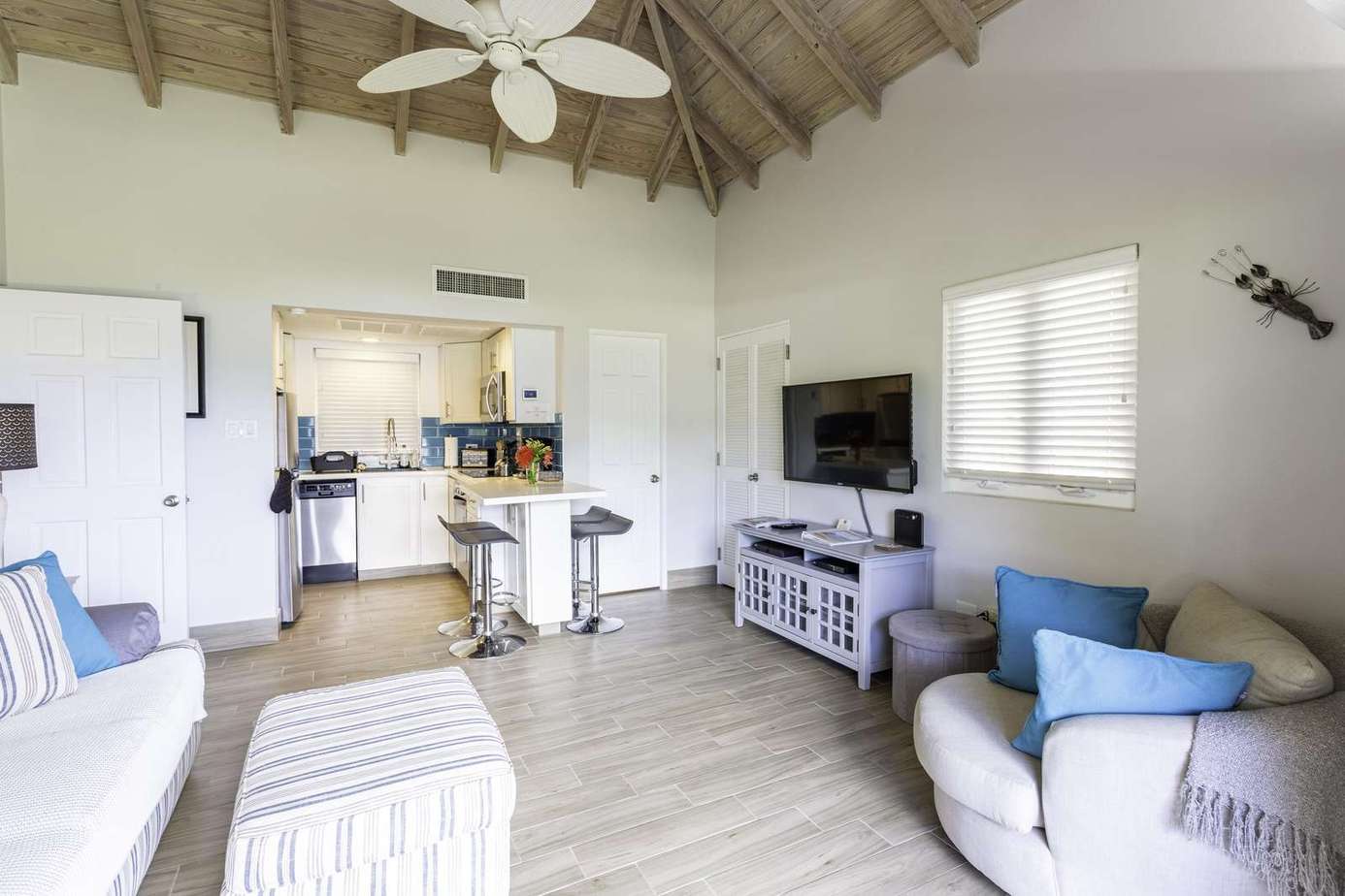 Bright and airy living room with cozy seating and vaulted ceilings