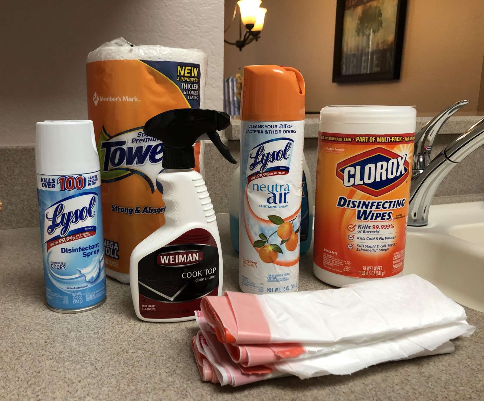 Cleaning supplies and five garbage bags