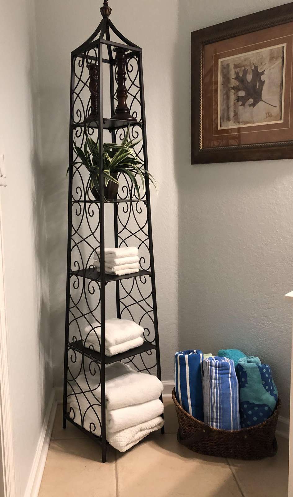Extra bath towels and beach towels in master bathroom