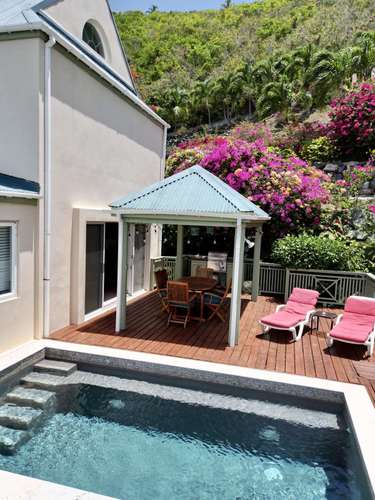 Private poolside patio with cozy covered dining area